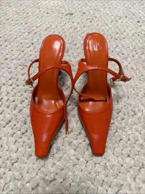BY FAR Orange Leather Pointed Slingback Heels